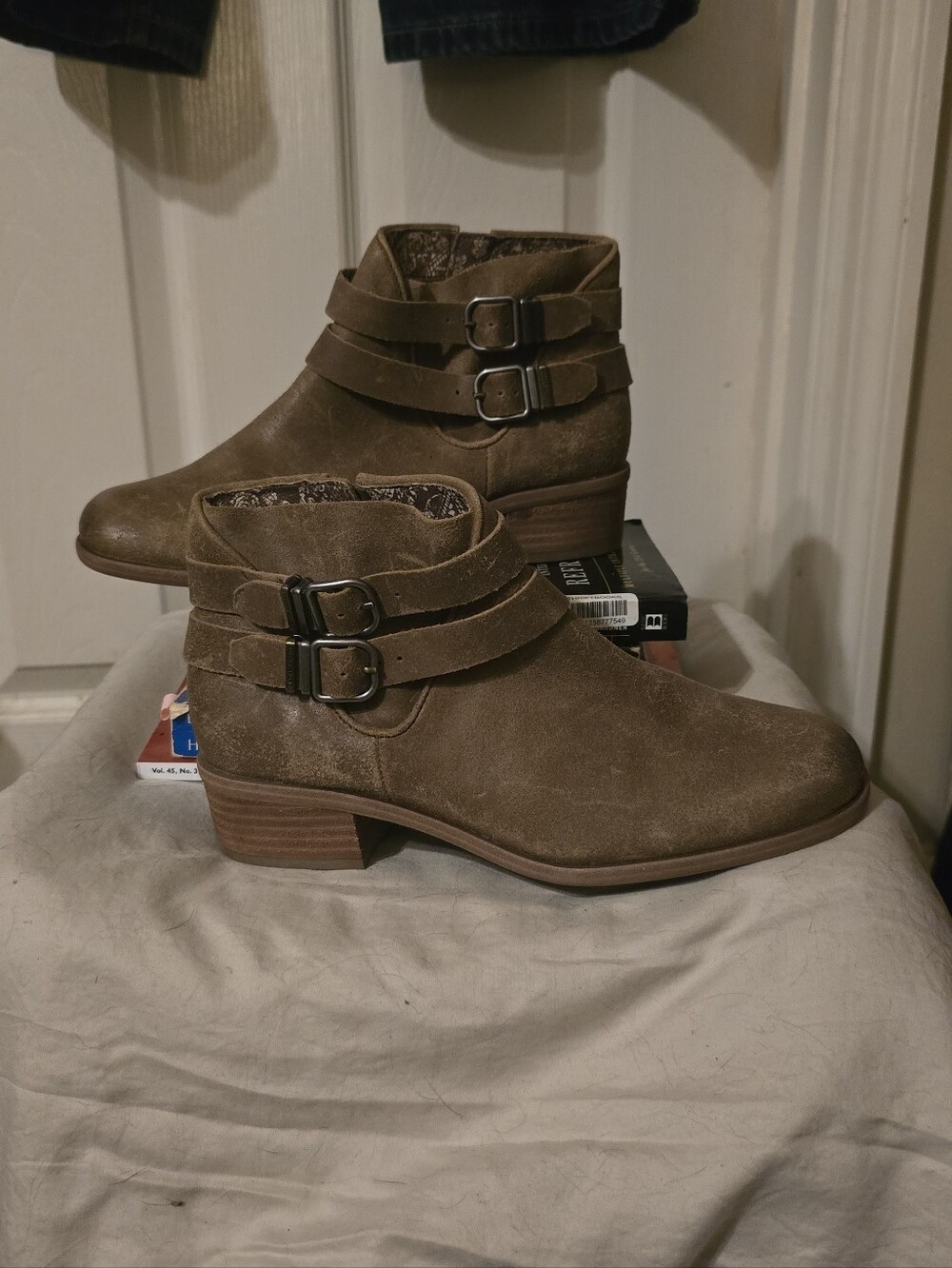 Lucky Brand Women's Taupe Suede Double-Buckle Ankle Booties